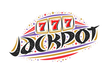 Fototapeta premium Vector logo for Jackpot, creative colorful illustration of reel of slot machine, original decorative brush lettering for word jackpot, simplistic abstract gambling banner with lines and dots on white.