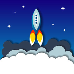 Flat illustration concept of space rocket ship startup on dark background of mountains and starry sky.
