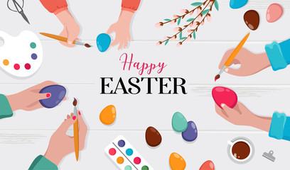 Easter scene - happy family preparing for Easter. Mother, father and daughters are painting eggs. Vector illustration