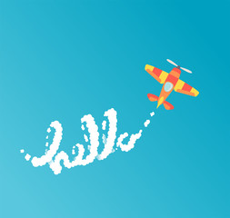 "Hello" lettering. Flat style cartoon airplane writes phrase with clouds in the sky