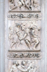 Fototapeta na wymiar The cup hidden in Benjamin's sack by Antonio da Settignano, right door of San Petronio Basilica in Bologna, Italy