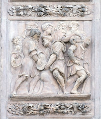 The cup hidden in Benjamin's sack by Antonio da Settignano, right door of San Petronio Basilica in Bologna, Italy