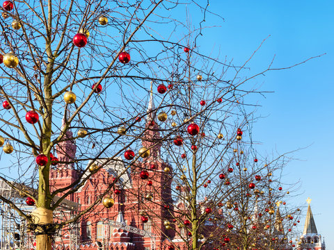 outdoor Christmas baubles on tree in Moscow city