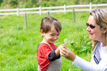 Happy mother and boy blowing dandelion