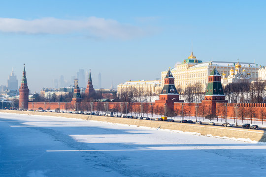 Kremlin embankment near frozen Moskva river