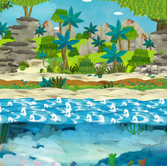 Cartoon scene of wild land with shore and water sea or ocean - illustration for the children