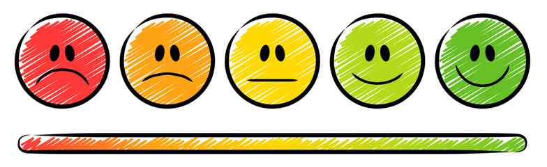 5 farbige Ampel-Smileys mit Emotionen von traurig bis lächelnd und Farb-Scala / Schraffierte Vektor-Zeichnung - 247593516