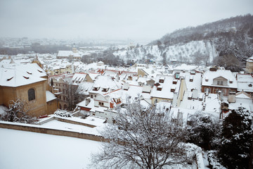 View on winter town covered with snow