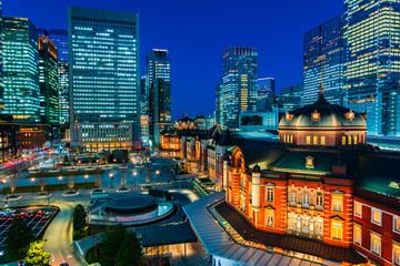 Tokyo station building at night, railway station at Marunouchi district, Japan.