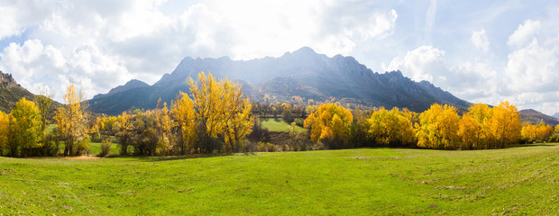 Vista panoramica de Paisaje  otoñal de prados verdes arboledas y montañas rocosas  al fondo. Con pequeño pueblo escondido entre los arboles © Siur
