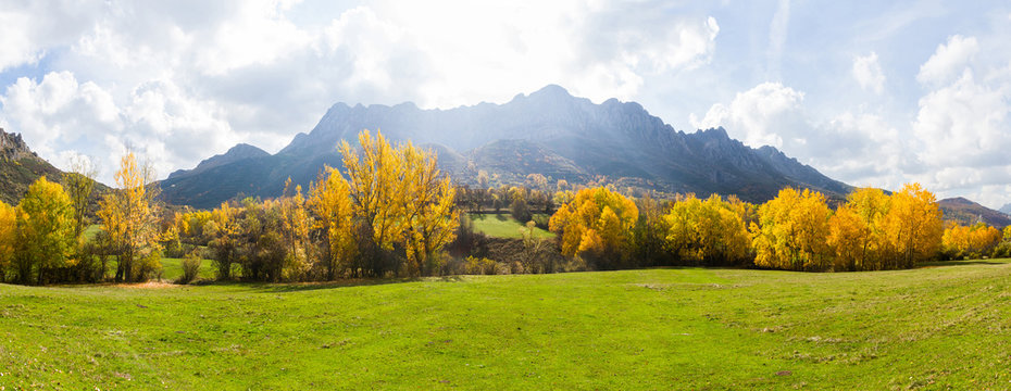 Vista panoramica de Paisaje  oto&ntilde;al de prados verdes arboledas y monta&ntilde;as rocosas  al fondo. Con peque&ntilde;o pueblo escondido entre los arboles