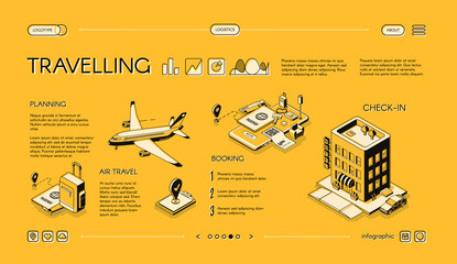 Traveling company isometric vector web banner, horizontal, slide website template with journey planning, tickets and hotel room booking online services. Mobile app for comfortable tourism landing page - obrazy, fototapety, plakaty