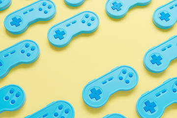 Background made of blue retro gamepad on the yellow table. Top view. 3d render
