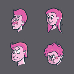 Emoticons, emoji set with facial expressions. Sticker set for messenger and chats with emotional character. Vector illustrations of cartoon persons isolated on dark background