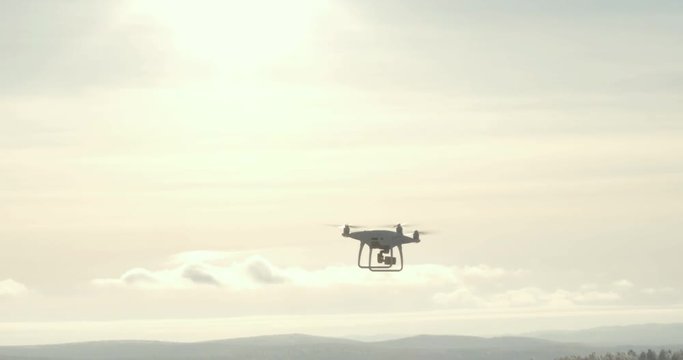 Drone flies over a coniferous forest in the mountains in a winter frosty sunset - Aerial drone view