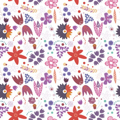 Cute vector floral seamless pattern with flowers and leaves on white backgroundать