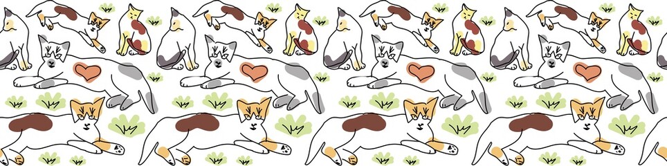 Cute funne vintage seamless pattern vector with cats and kittens playing and lying on a grass meadow on light background