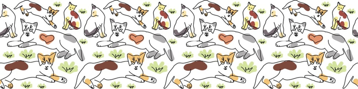 Cute funne vintage seamless pattern vector with cats and kittens playing and lying on a grass meadow on light background
