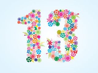 Vector Colorful Floral 13 Number Design isolated on white background. Floral Number Thirteen Vector Typeface.