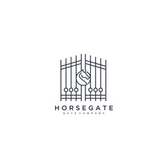 Antique arch in a square logo template. Horse gate shield king vector icon illustration. Arched construction logotype. Vintage arch vector design.