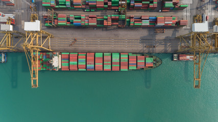 Aerial top view container ship at sea port and working crane bridge loading container for logistic, import export, shipping or transportation.