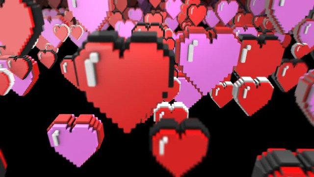 8 bits pixel hearts animation. Retro arcade video game Valentine&acute;s Day background.