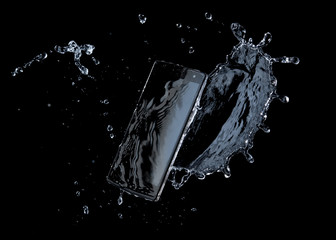 Smartphone with splashing of water or explosion flying in the air isolated on black background