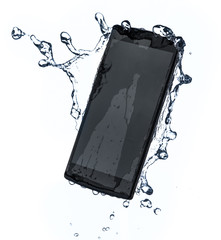 Smartphone with splashing of water or explosion flying in the air isolated on white background