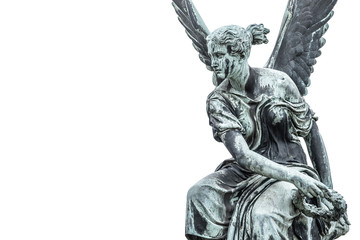 Statue of ancient beautiful winged angel in downtown of Potsdam, isolated at white background,...