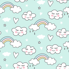 Cute clouds with rainbow on blue background. Seamless pattern design