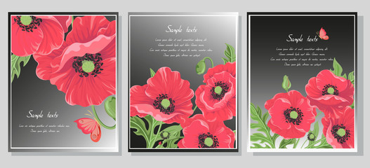 Red poppy flowers. Cards on a black background with poppy flowers with leaves, buds, butterfly ladybug. Set of templates for invitation cards, wedding, banners, sales, brochure cover design-Vector