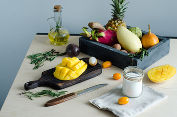 Citrus fruits on a brown wooden table