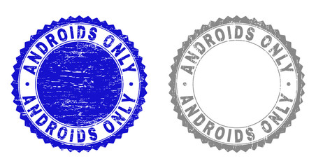 Grunge ANDROIDS ONLY stamp seals isolated on a white background. Rosette seals with grunge texture in blue and grey colors. Vector rubber imitation of ANDROIDS ONLY caption inside round rosette.