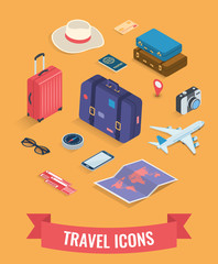 Travel icons in Isometric style. Travel and tourism concept. Vector