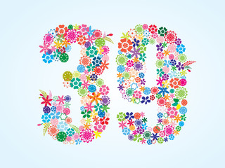 Vector Colorful Floral 39 Number Design isolated on white background. Floral Number Thirty Nine Vector Typeface.