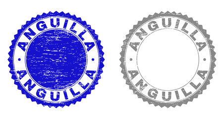 Grunge ANGUILLA stamp seals isolated on a white background. Rosette seals with grunge texture in blue and grey colors. Vector rubber imprint of ANGUILLA label inside round rosette.