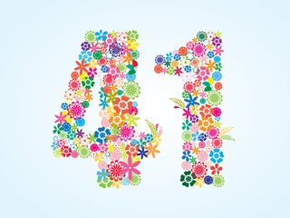 Vector Colorful Floral 41 Number Design isolated on white background. Floral Number Forty One Vector Typeface.