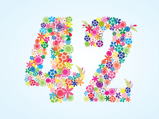 Vector Colorful Floral 42 Number Design isolated on white background. Floral Number Forty two Vector Typeface.
