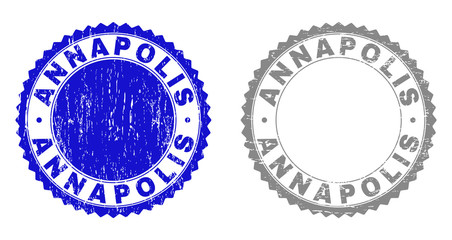 Grunge ANNAPOLIS stamp seals isolated on a white background. Rosette seals with grunge texture in blue and grey colors. Vector rubber imitation of ANNAPOLIS tag inside round rosette.