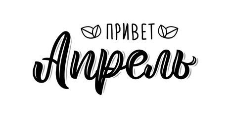 Hello April Russian Trendy hand lettering quote, fashion art print design. Calligraphic russian inscription in black ink. Vector