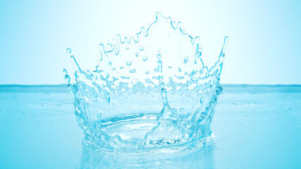 Frozen motion splash crown with waves and droplets on calm water surface realistic 3d illustration. Pure drink fresh source, clean environment and ecology concept. Natural product presentation