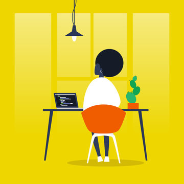 Young black female character working on a computer. Programming code. Front end, Back end developer. Flat editable vector illustration, clip art. Millennials at work.