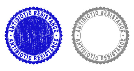 Grunge ANTIBIOTIC RESISTANCE stamp seals isolated on a white background. Rosette seals with grunge texture in blue and gray colors.