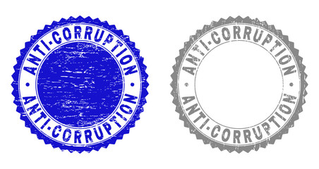 Grunge ANTI-CORRUPTION stamp seals isolated on a white background. Rosette seals with grunge texture in blue and grey colors. Vector rubber watermark of ANTI-CORRUPTION text inside round rosette.