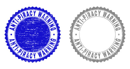 Grunge ANTI-PIRACY WARNING stamp seals isolated on a white background. Rosette seals with grunge texture in blue and grey colors.