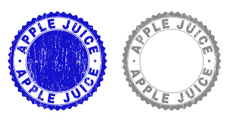 Grunge APPLE JUICE stamp seals isolated on a white background. Rosette seals with grunge texture in blue and gray colors. Vector rubber imprint of APPLE JUICE tag inside round rosette.