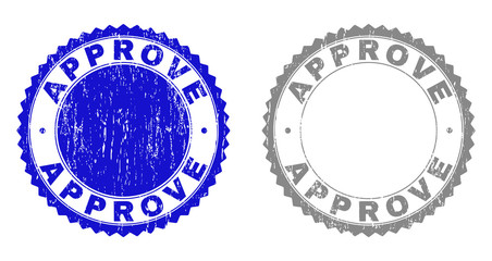 Grunge APPROVE stamp seals isolated on a white background. Rosette seals with distress texture in blue and gray colors. Vector rubber watermark of APPROVE tag inside round rosette.