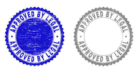 Grunge APPROVED BY LEGAL stamp seals isolated on a white background. Rosette seals with distress texture in blue and gray colors.