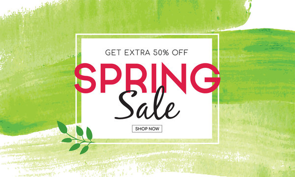 Spring sale Banner with green watercolor brush stroke background. Spring sale Vector illustration.