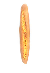 a loaf of french bread (baguette) stuffed with cheese on white background